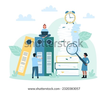 Cartoon tiny people work among stacks of paperwork, reports and bills, employee holding pen to mark option on information list. Office bureaucracy, checklist administration vector illustration