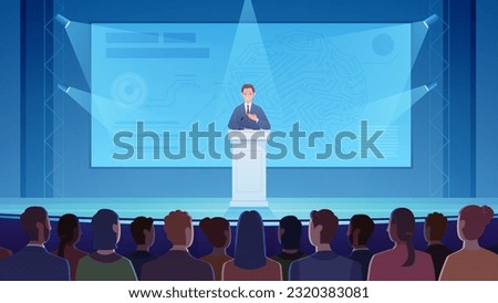 Public speech of scientist at science conference or symposium vector illustration. Cartoon confident speaker standing at podium on stage to explain to audience scientific presentation on screen