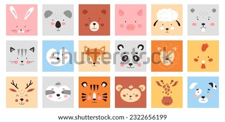 Cute square animal faces set vector illustration. Cartoon isolated farm and wild animal or bird portrait collection for trendy mobile games design, heads and funny muzzles of baby kawaii characters
