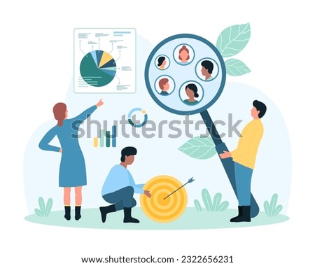 Customer segment analysis for TV market addressable advertising vector illustration. Cartoon tiny people research and divide focus group of potential clients with magnifier, highlight consumers