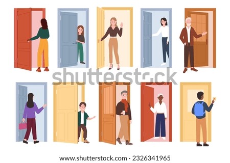 People opening doors set vector illustration. Cartoon isolated young and old male and female characters standing at open and closed doors of office or home, holding knock, entering or leaving building