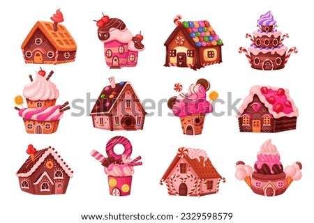 Candy houses set vector illustration. Cartoon isolated confectionery fantasy world collection with magic gingerbread and cupcake homes, fairy tale cake buildings with windows, doors and roofs