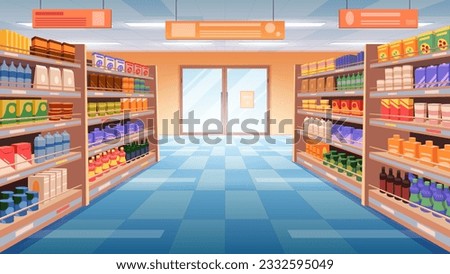 Perspective view of supermarket, grocery store aisle vector illustration. Cartoon mart interior with shelves and rack for variety of food product display and sales, full assortment of goods to buy