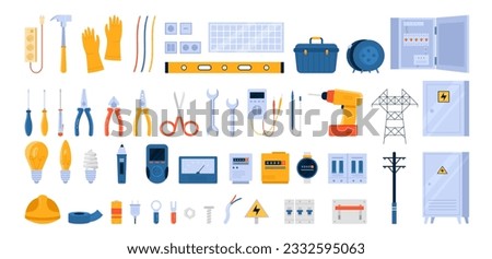 Electricity tools set vector controlillustration. Cartoon isolated electricians workers equipment collection for electric power system inspection, cable and safety gloves, plug and socket, light bulbs