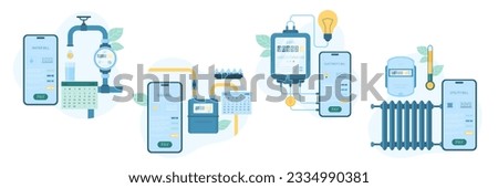 Payment of utility bills in mobile apps set vector illustration. Cartoon smartphones with applications for monitoring consumption and paying for water and gas, heating and electricity services