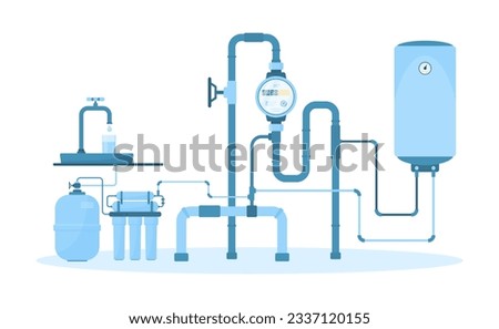 Home water supply system vector illustration. Cartoon isolated abstract diagram of connection of purification filter and pipes with water meter and boiler, infographic scheme of pipeline distribution