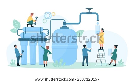 Water purification service vector illustration. Cartoon tiny people repair system of filters, tanks and pipes for filtration and water treatment, pouring purified drinking liquid from tap into glass