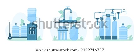 Water purification and delivery set vector illustration. Cartoon filtration facility and pressure pipeline, filters under faucet in home kitchen or bathroom, portable plastic bottles for office cooler