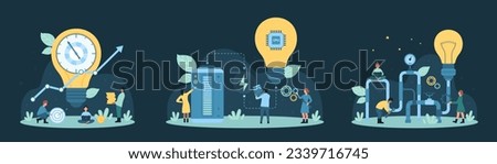 Business idea, success project generation set vector illustration. Cartoon tiny people work with pipeline system, battery and light bulb to generate creative innovation and new alternative solutions