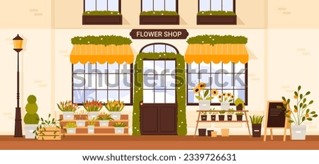 Flower shop facade vector illustration. Cartoon building exterior with cute door and windows, summer flowers bouquet in pots, baskets and vases on shelf for display, small business of florist