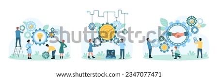 Business partnership, teamwork and business process control set vector illustration. Cartoon tiny people work with automated machine with gears and wheels, partners handshake and light bulb inside