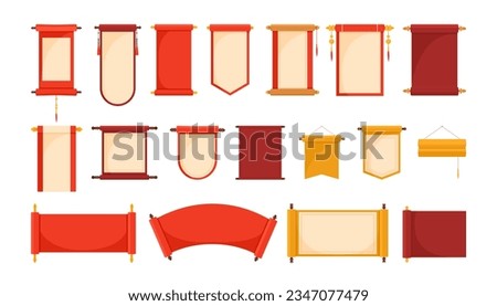 Old chinese scrolls set vector illustration. Cartoon isolated Asian ancient parchment rolls collection, golden and red royal paper letter, oriental book reels of different shapes for antique message