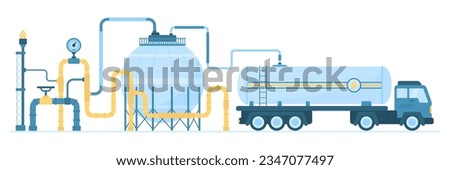 Gas industry, system with storage and transportation of natural liquefied gas vector illustration. Cartoon industrial plant with tank and pipe under pressure, valve and flame on tower, delivery truck