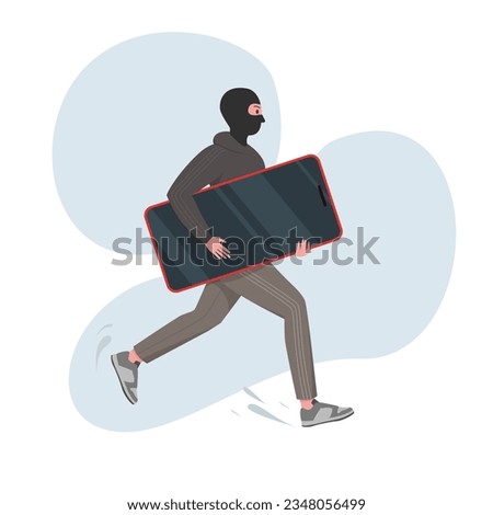 Mobile phone theft vector illustration. Cartoon isolated male thief character in hoodie and balaclava hat stealing big cellphone, burglar running with smartphone to steal money, personal information