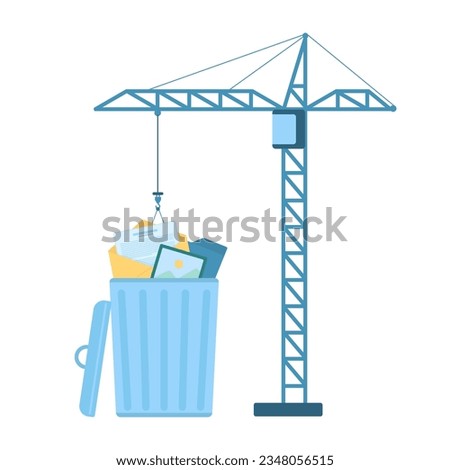 Delete files to trash bin with smart software vector illustration. Cartoon isolated construction crane putting emails and folders, photos and pictures in waste basket to remove and clean memory