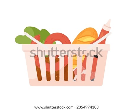 Market basket filled with food. Grocery shopping cart, food supplies vector illustration