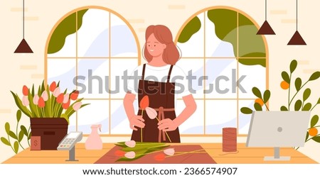 Florists shop vector illustration. Cartoon woman making bouquet from spring garden flowers with creativity, girl seller standing at table with tulips for vase, handicraft and floristry workshop