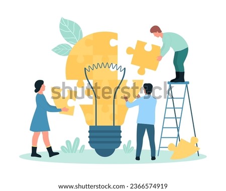 Teamwork to develop creative idea, insight vector illustration. Cartoon tiny people build light bulb from puzzle pieces, collaboration of inventors group to create success innovation together