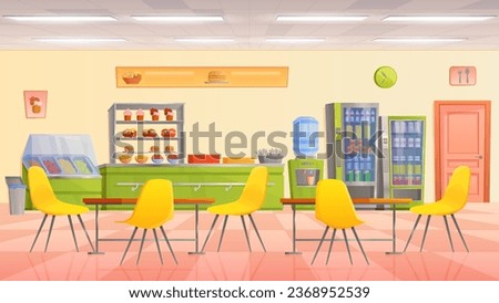 School canteen interior vector illustration. Cartoon dining room of university campus cafeteria with empty tables and chairs, cake dessert counter and vending machine with drinks, food menu on wall