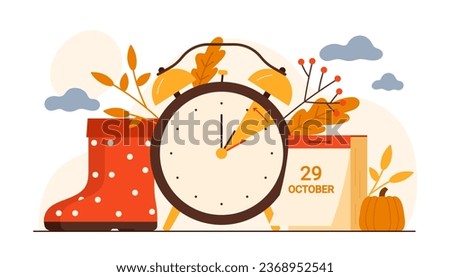 Fall back, daylight saving time ends vector illustration. Cartoon alarm clock and pumpkin, autumn boots and leaves, vintage calendar with date of October 29, 2023, when hand of clock turns backwards