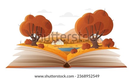 Autumn forest landscape on paper pages of open book vector illustration. Cartoon magic fall nature with trees and mountains, water of lake and cute family house, fantasy adventure in storybook