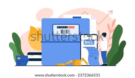 Payment of gas bill online vector illustration. Cartoon tiny customer paying invoice through mobile app in phone and bank account, monthly check of gas meter readings to pay gas consumption costs