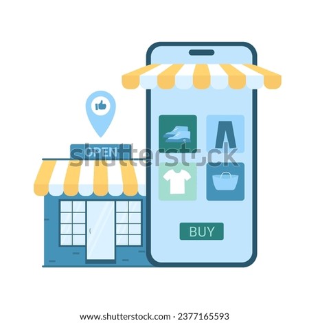 Online retail commerce vector illustration. Cartoon isolated mobile shop app on phone screen and mini store building with location pin, virtual shelves with fashion shoes and clothes for customers