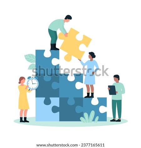 Team building for business growth vector illustration. Cartoon tiny people holding puzzle pieces to build and put in company ladder, employees climbing career stairs from stack of jigsaw blocks