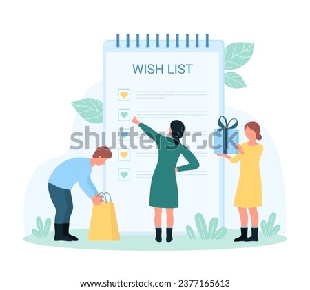 Wishlist for shopping vector illustration. Cartoon tiny people check summary list of gifts on paper notepad sheet, put hearts checkboxes on list form, add favorite purchases to planner checklist