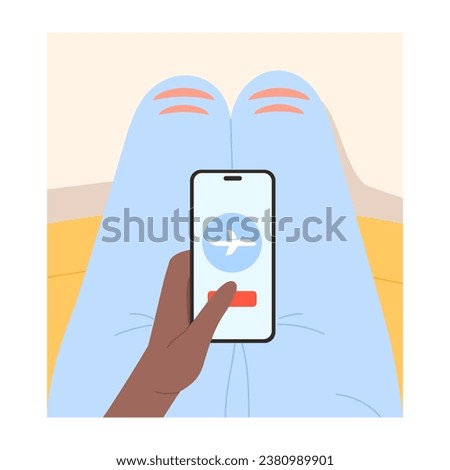 Hands setting phone on airplane mode. Passenger flying, airplane security measures cartoon vector illustration