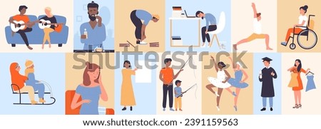 Scenes of peoples daily life, geometric mosaic color pattern vector illustration. Cartoon horizontal frames with characters talk on phone, play guitar and dance with friends, fish and sled with family