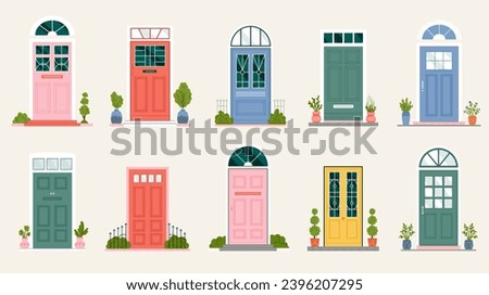 Entrance doors to house set vector illustration. Cartoon isolated outside front view of different wooden doors to home apartment or office with glass window and doorway, doorstep and plant decoration