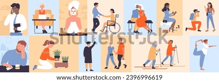 Scenes of peoples work and study, leisure and hobby set, geometric mosaic color pattern vector illustration. Cartoon daily routine and gardening, happy time of characters with family and friends