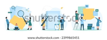 Data management and daily task organization set vector illustration. Cartoon tiny people make memo notes in paper notebook and stickers, plan agenda, add and organize business files in folders