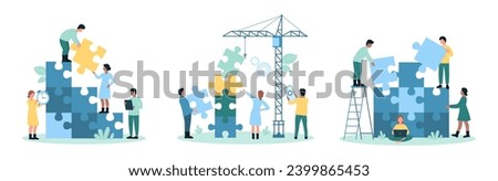 Business cooperation and partnership set vector illustration. Cartoon tiny people build puzzles tower from pieces, effective team building with construction crane and teamwork to make new project