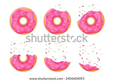 Bitten donut set, sequence game animation of eaten doughnut. Animated stages of eating food dessert of bakery, bite progression of round cake with pink cream and crumbs cartoon vector illustration