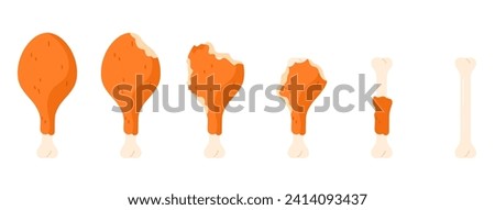 Eaten chicken drumstick set of animation sequence. Eating stages of roasted or fried crispy poultry leg with bites, whole golden crunchy thigh to bitten meat and bone cartoon vector illustration