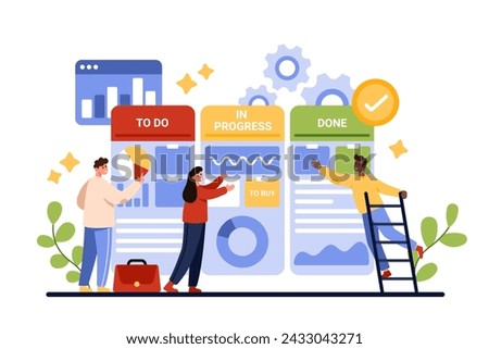Kanban board, agile project management method. Tiny people plan business tasks on scrumboard, check work process with notes and list, brainstorming on strategy evaluation cartoon vector illustration