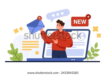 New email and SMS notification in mailbox mobile app. Tiny on laptop screen giving envelopes with letters, documents and unread message icons, notice about mail delivery cartoon vector illustration