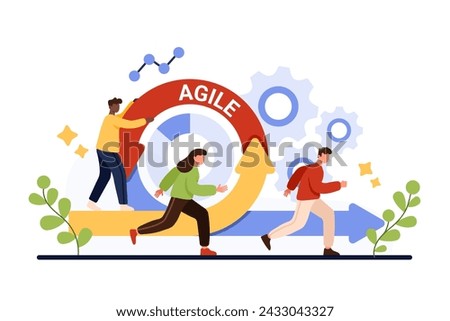 Agile methodology for digital project management and development process, daily work. Tiny nimble people running fast near circular flexible arrow of agile method cartoon vector illustration