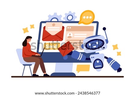 Email notification with AI service. Friendly futuristic robot holding envelope with letter, mailbox notice of new message, SMS or newsletter for tiny woman at laptop cartoon vector illustration