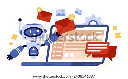 Email notification with AI service. Robot with electronic envelope of subscription letter or digital document, artificial intelligence support in SMS send and delivery cartoon vector illustration
