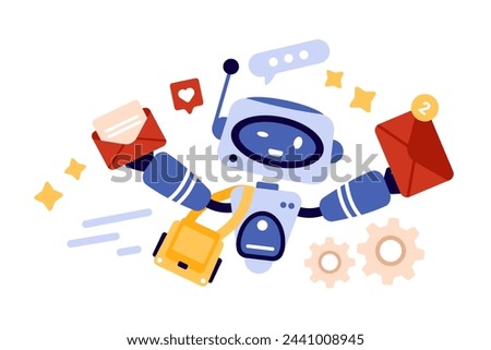 Delivery of emails and SMS, newsletters with AI service. Friendly robot postman in hurry to deliver envelopes with unread message counter, reminder of new letters cartoon vector illustration