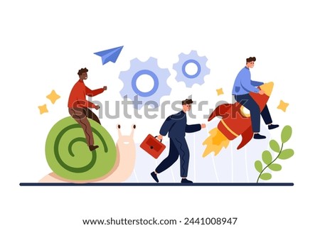 Slow and fast strategy for career growth. Business competition for tiny people, employees fly on rocket and ride on snail, boost development of skills with motivation cartoon vector. 3D Illustration