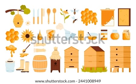 Honey products and apiary set. Beekeeping collection with honey jars and honeycomb, wooden house and hive on tree for bees, dipper stick and glass bottle, beekeepers tools cartoon vector illustration