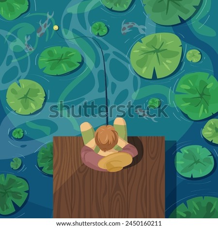 Fisherman on old wooden pier fishing in pond, top view. Man in hat sitting with fishing rod on shore of lake or river with water plants to catch carp fish or goldfish cartoon vector illustration