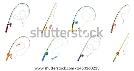 Fishing rod set. Fishing pole collection with reel and handle, hook and bait. Fishers tackle to catch fish in water of lake, sea or river, fisherman equipment for angling cartoon vector illustration