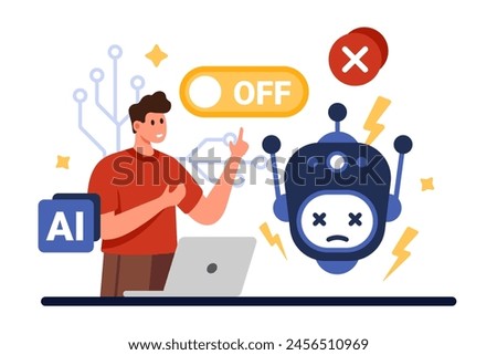 Stop AI, protest against risk using artificial intelligence in future. Tiny man, red cross and Off button above circuit and robots head to restrict digital brain work cartoon vector illustration