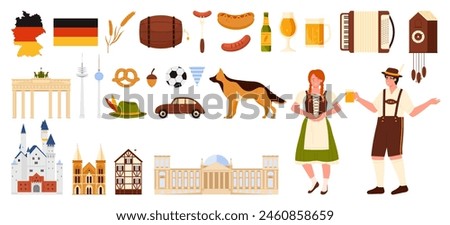 Travel to Germany, national culture symbols and characters set. German man and woman, food of Oktoberfest festival and Bavarian beer, building landmarks and flag on map cartoon vector illustration