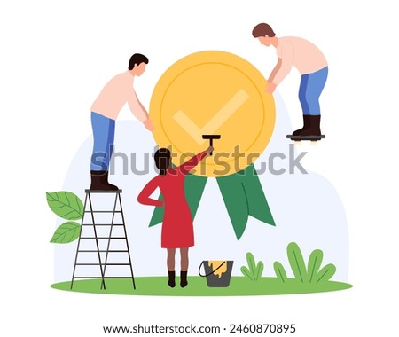 Verification check mark, certified product quality and award medal for best choice of customer. Tiny people holding round badge with tick and ribbon to paint with gold cartoon vector illustration